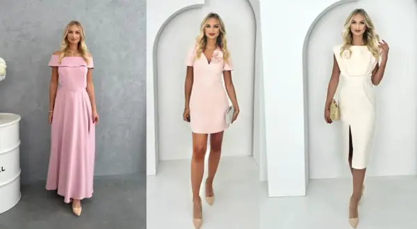 Eleganckie propozycje, jak się ubrać na poprawiny: różowa maxi, krótka sukienka z kwiatem i kremowa kreacja z rozcięciem.