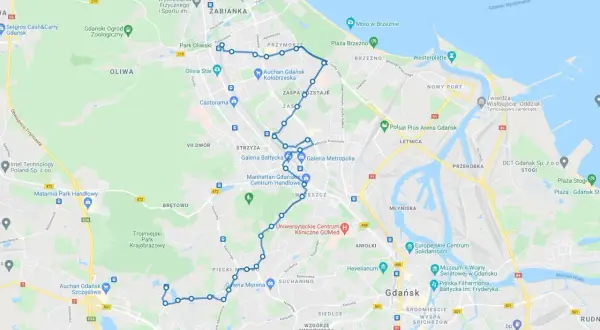 Trasa linii 127 Gdańsk: od Matarni przez Oliwię, Przymorze, Zaspa, Wrzeszcz, aż do Stogów.