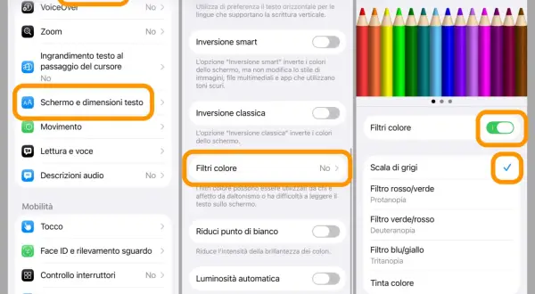 Impostazioni iPhone: Accessibilità > Schermo e dimensioni testo > Filtri colore. La calibrazione schermo iPhone aiuta a leggere meglio.