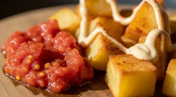 Krispiga potatisbitar med en klick tomatsalsa och en generös sträng aioli. En klassisk portion patatas bravas.