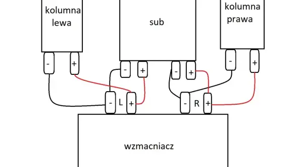 Schemat pokazuje, jak podłączyć subwoofer do wzmacniacza i kolumn. Połącz lewą i prawą kolumnę z wyjściami L i R wzmacniacza, a subwoofer z odpowiednimi terminalami.