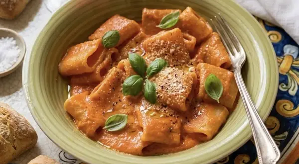 Herzhafte Paccheri in cremiger Tomatensoße, garniert mit Basilikum und Parmesan. Ein Genuss für alle Paccheri Rezepte Liebhaber.