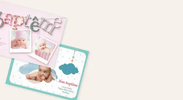 Cartes d'invitation pour un baptême avec des photos de bébé et le mot "baptême" en lettres décoratives.