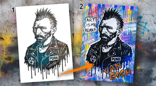 Zwei Bilder von Van Gogh im Punk-Stil, eines schwarz-weiß, das andere bunt und mit Graffiti.