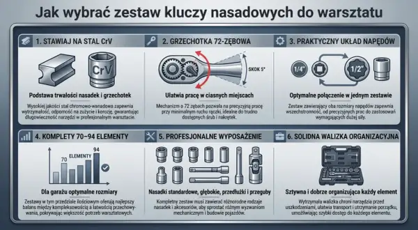 Stal CrV, grzechotka 72-zębowa i różne rozmiary napędów to kluczowe cechy dobrej nasadki. Zestaw 70-94 elementów z walizką to idealne rozwiązanie.