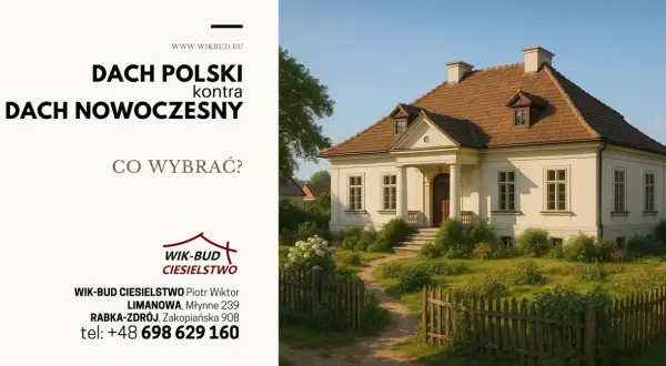 Elegancki dom z tradycyjnym, brązowym dachem. Reklama pyta: "Dach polski kontra dach nowoczesny?".