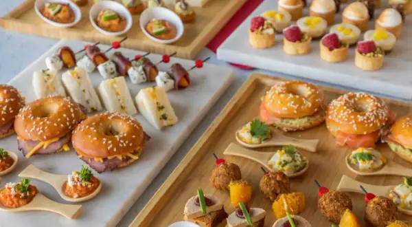 Un apéritif dinatoire d'été : mini-bagels, toasts, brochettes et verrines colorées, un régal pour les yeux et les papilles.