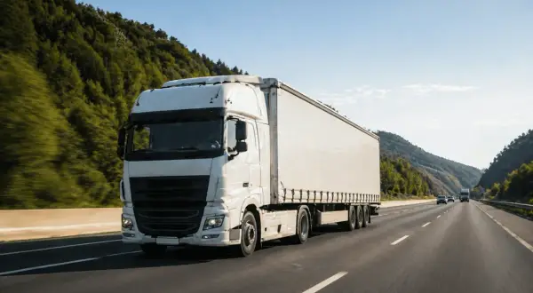 Un camion blanc roule sur une autoroute bordée d'arbres. Le conducteur utilise un chronotachygraphe numérique pour enregistrer son trajet.