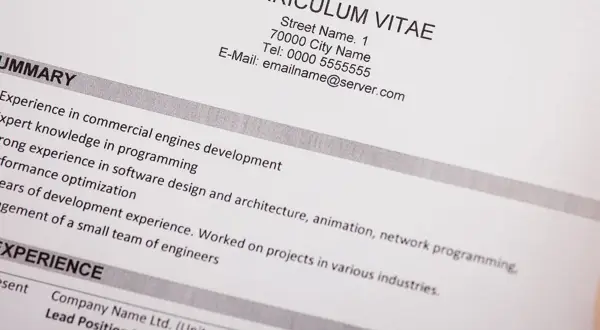 Fragment dokumentu Curriculum Vitae z danymi kontaktowymi i podsumowaniem doświadczenia zawodowego.