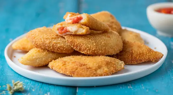 Sofficini fatti in casa dorati e croccanti, ripieni di pomodoro e mozzarella filante, serviti su un piatto bianco.