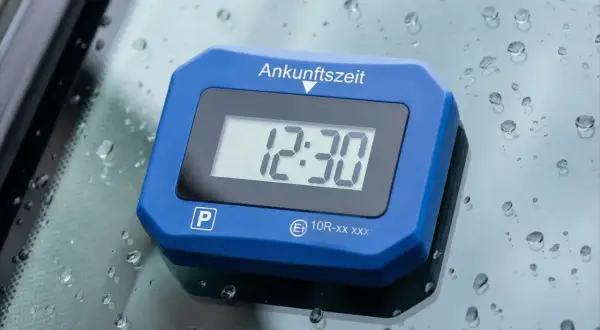 Digitale Parkscheibe zeigt 12:30 an. So muss eine Parkscheibe aussehen, um die Ankunftszeit korrekt anzuzeigen.