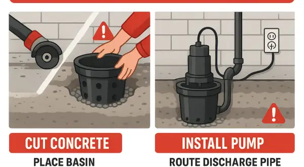 Illustration shows steps for sump pump installation: cutting concrete, placing the basin, installing the pump, and routing the discharge pipe.
