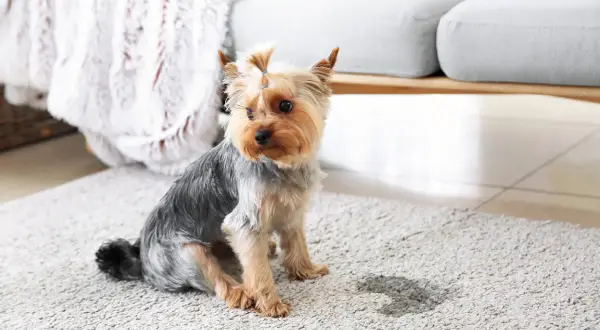 Petit Yorkie assis sur un tapis, une tache d'urine à côté. Il fait pipi comme une femelle, quel petit coquin !