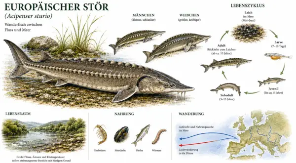 Europäischer Stör im Lebensraum Mosel. Die Grafik zeigt den Lebenszyklus, Nahrung und Wanderung dieser Fische.