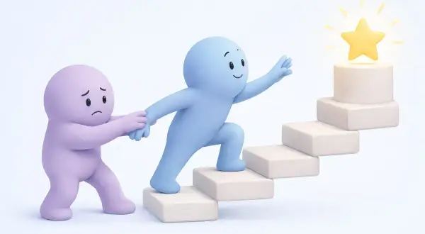Un personaggio blu sale le scale verso una stella, mentre uno viola, che sembra triste, lo trattiene. Lui non è felice con me.