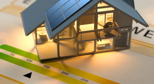 Maquette de maison avec panneaux solaires sur un graphique d'étiquette énergie. Le DPE est essentiel pour savoir que faire.