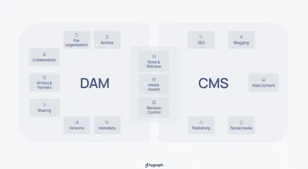 Diagram showing DAM and CMS platform features, including file organization, collaboration, media assets, SEO, blogging, and web content publishing.