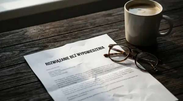 Dokument "Rozwiązanie bez wypowiedzenia" leży obok okularów i kawy. Może to być związane z art. 52 Kodeksu pracy.
