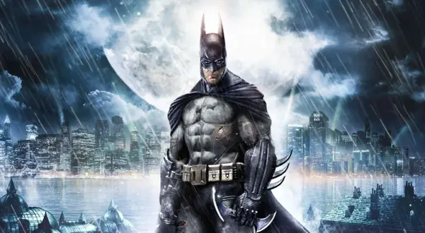 Batman w deszczową noc nad Gotham. Ten obraz to idealny **batman arkham asylum poradnik** dla graczy.