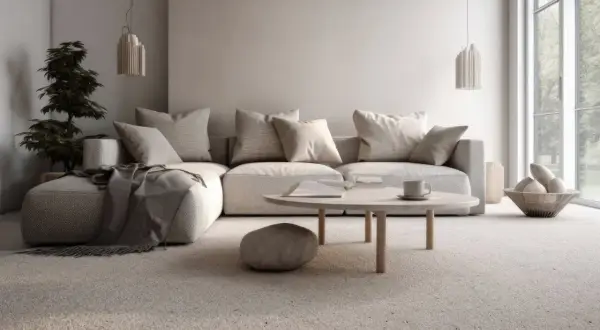 Un soggiorno accogliente con divano angolare, tavolino e tappeto. Il colore taupe è presente in tutto l'arredamento, creando un'atmosfera rilassante.