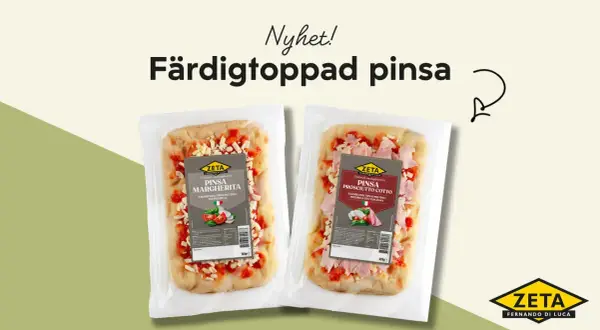 Två färdigtoppade mini pizzor, en Margherita och en Prosciutto Cotto, i plastförpackning.