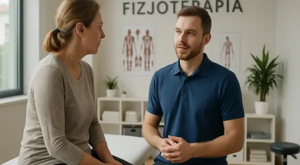 Fizjoterapeuta w gabinecie rozmawia z pacjentką.