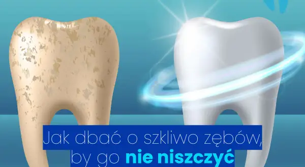 Zniszczone szkliwo zęba po lewej, lśniące po prawej. Jak dbać o zęby, by uniknąć problemów, jak po wymiotach.