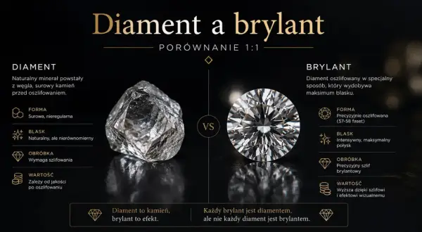 Porównanie surowego diamentu i lśniącego brylantu. Czystość diamentu si jest kluczowa dla jego wartości.