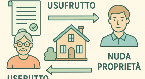 Schema illustra passaggio di proprietà immobile tra familiari: usufrutto a nonna, nuda proprietà a nipote.