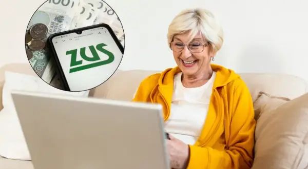 Uśmiechnięta starsza pani sprawdza na laptopie, ile wynosi dodatek pielęgnacyjny po 75 roku życia w 2026. W tle widać pieniądze i logo ZUS.