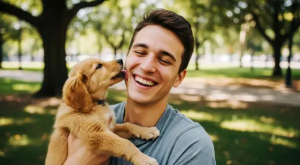 Szczeniak golden retriever liże twarz roześmianego młodego mężczyzny w parku. To pokazuje, dlaczego pies liże człowieka – okazuje miłość i przywiązanie.
