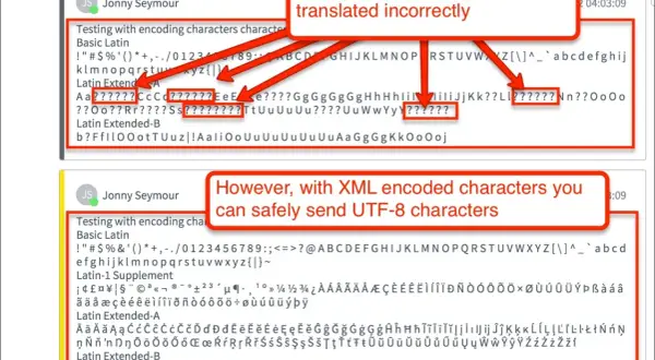 Plik XML z błędami kodowania znaków, gdzie niektóre znaki UTF-8 są nieprawidłowo wyświetlane, a inne, zakodowane, działają poprawnie.