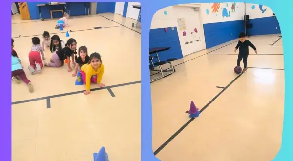Toddlers crawl through an obstacle course, practicing Montessori gross motor skills. A boy kicks a ball around cones.