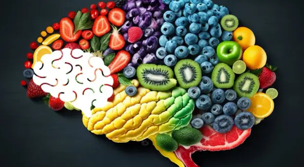 Mózg z owoców i warzyw symbolizuje zdrową dietę wspierającą produkcję serotoniny, kluczowej w walce z nerwicą natręctw.