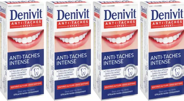 Cztery opakowania pasty do zębów Denivit Anti-Stain Expert z białym uśmiechem.