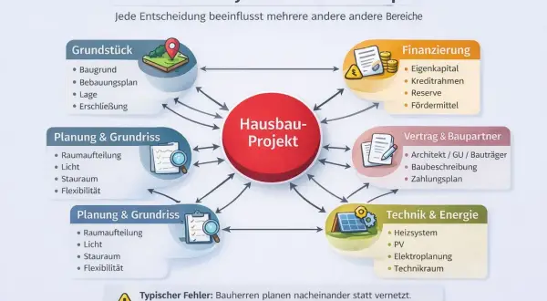 Diagramm zeigt Hausbau-Projekt als System. Wichtige Bereiche sind Grundstück, Finanzierung, Vertrag, Technik & Energie (inkl. Elektroplanung) und Planung.