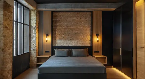 Sypialnia w stylu loft z ceglaną ścianą nad łóżkiem, drewnianymi panelami i nowoczesną szafą.