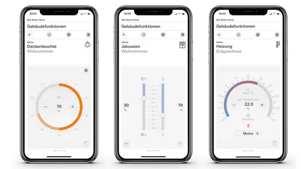 Steuere dein Zuhause mit der Gira App: Licht, Jalousien und Heizung im Erdgeschoss lassen sich bequem regeln.