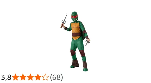 Dziecko w zielonym stroju Żółwia Ninja z maską i dwoma sai.