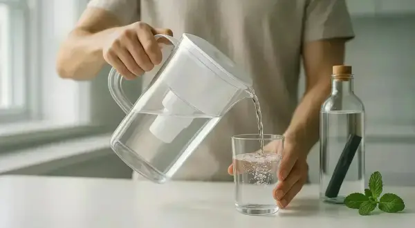 Une personne verse de l'eau filtrée d'une carafe dans un verre. Faut-il filtrer l'eau du robinet pour une eau plus pure ?