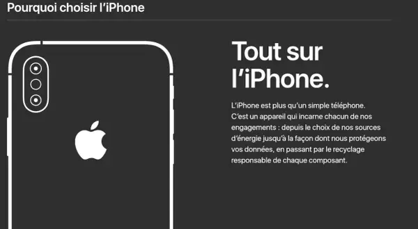 Le dos d'un iPhone blanc avec le logo Apple et un texte expliquant pourquoi choisir l'iPhone.