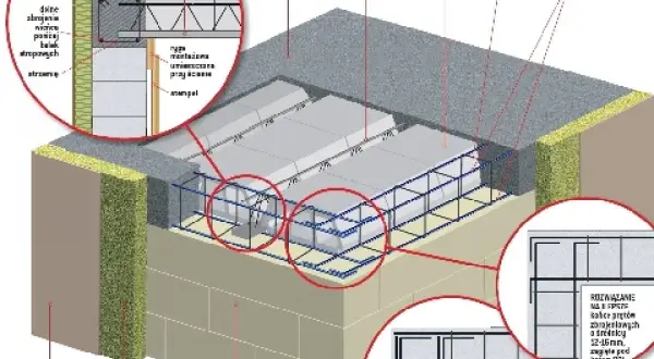 Przekrój wieńca stropowego z widocznym zbrojeniem i elementami konstrukcyjnymi.