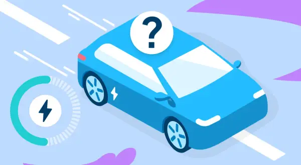 Une voiture électrique bleue avec un point d'interrogation sur le toit, et un indicateur de charge en mouvement. Est-ce une voiture électrique recharge en roulant ?
