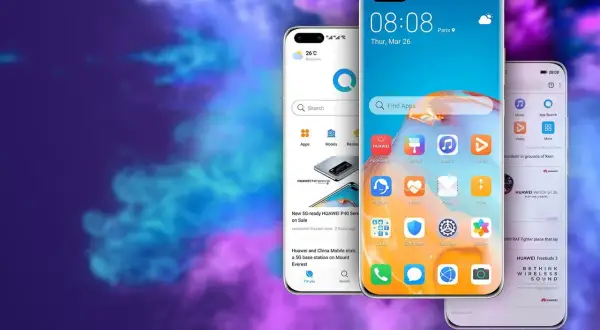 Trzy smartfony Huawei z ekranami pokazującymi interfejs i aplikacje, w tym AppGallery. To pokazuje, hms core co to jest - ekosystem usług Huawei.