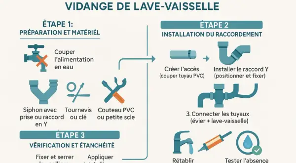 Schéma d'installation du raccord de vidange évier et lave-vaisselle. Étapes de préparation, raccordement et vérification.