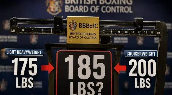 A boxing scale displays weight limits: 175 lbs for light heavyweight, 200 lbs for cruiserweight, with 185 lbs in the center.