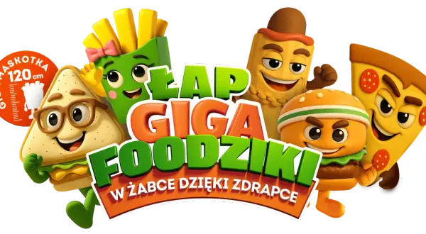 Wesołe postacie jedzenia, jak kanapka, frytki, hot dog, burger i pizza, zachęcają do zabawy. Dowiedz się, ile jest ważna zdrapka, by zdobyć Giga Foodziki w Żabce!