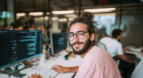 Ein junger Mann mit Brille und Dutt sitzt vor einem Computer, auf dem Code zu sehen ist. Er studiert Informatik an der Fernuni und lächelt in die Kamera.