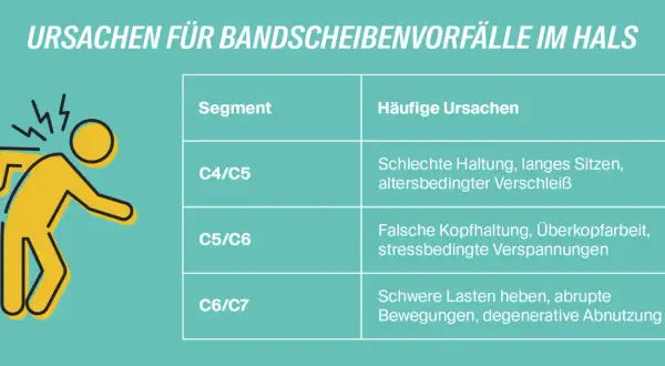 Grafik zeigt Ursachen für Bandscheibenvorfälle HWS. Ein gelber Strichmännchen-Charakter mit Blitzsymbolen am Nacken deutet Schmerz an. Tabelle listet Segmente und Ursachen auf, relevant für Physiotherapie.