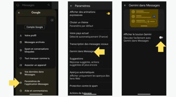 Pour désactiver Gemini dans Messages, accédez aux paramètres de l'application, puis à "Gemini dans Messages" et désactivez le bouton.